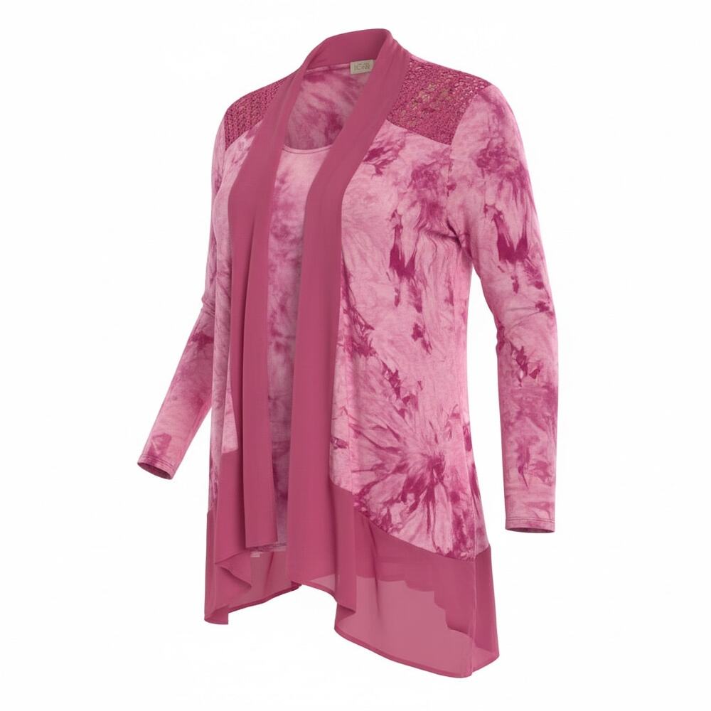 QVC Logo by Lori Goldstein Pink Tie Dye Chiffon and Lace Cardigan - Size 3X